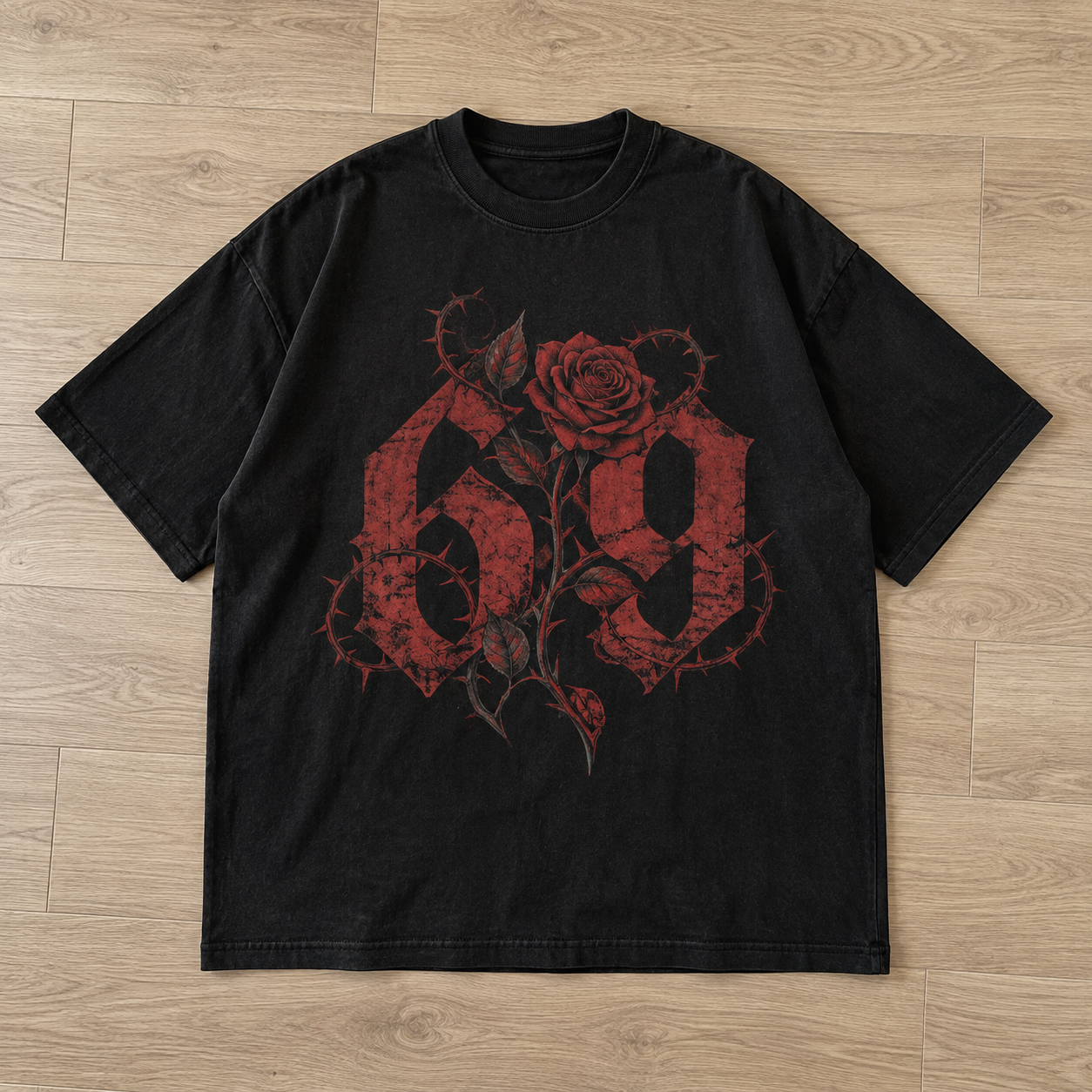 Wine Dine & 69 Rose Graphic oversized black tee, front view